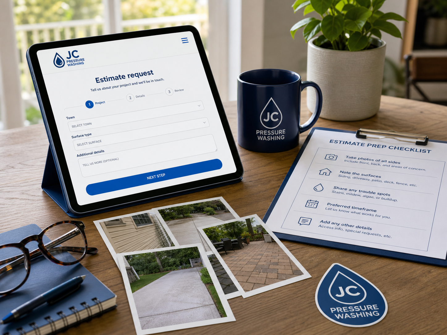 Generated tablet estimate form, checklist, and exterior photos for a JC Pressure Washing quote request
