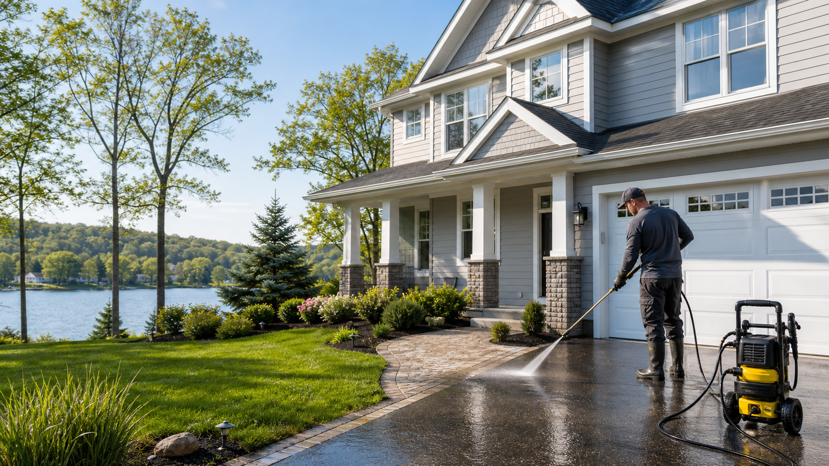 Illustrative pressure washing scene at a lake-area home