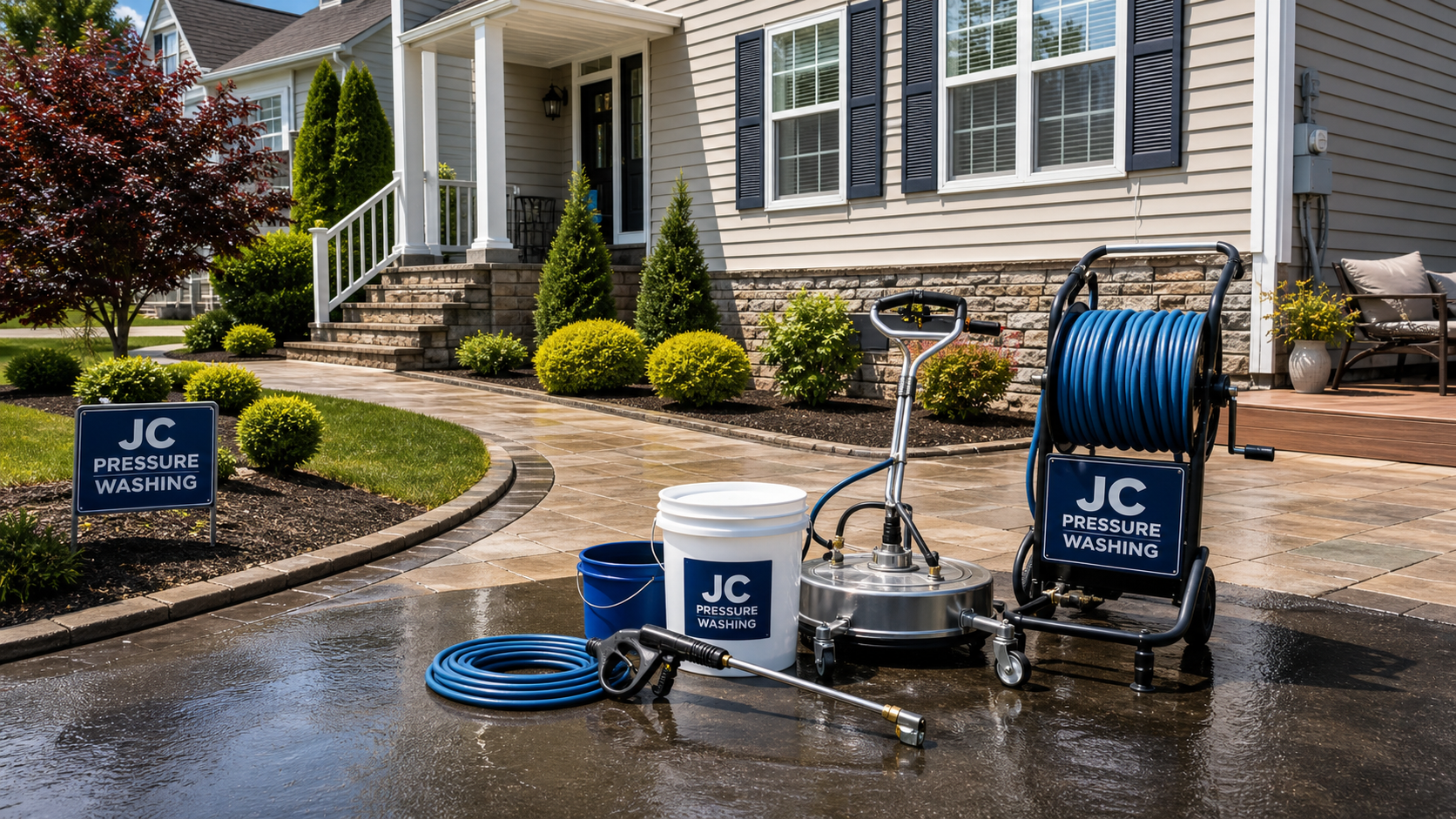 Generated JC Pressure Washing branded equipment staged near a clean driveway and front entry
